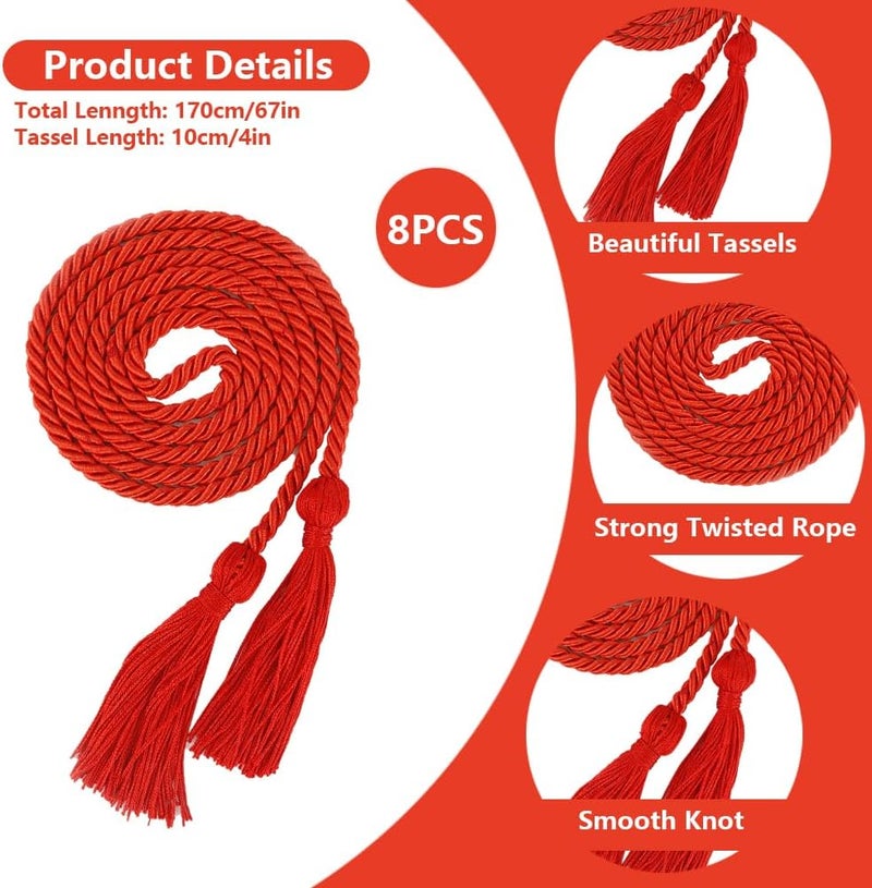 Cidenbio Cords for Graduation 2025 Honor Cords Bulk 8PCS Grad Rope Red Grad Cord 67" Long Braided Cord with Tassels Red Graduation Accessories for High School Honor Ropes for Decorations Bachelor Gown - Image 2